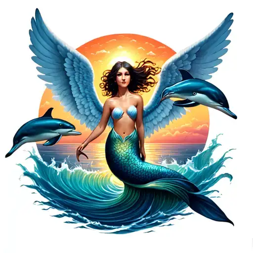 Angel Mermaid With Dolphins Jumping With Sunset