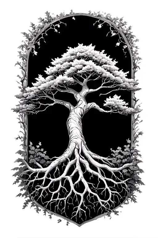 Black And White Gaelic Rowan Tree With Roots Reaching Deep