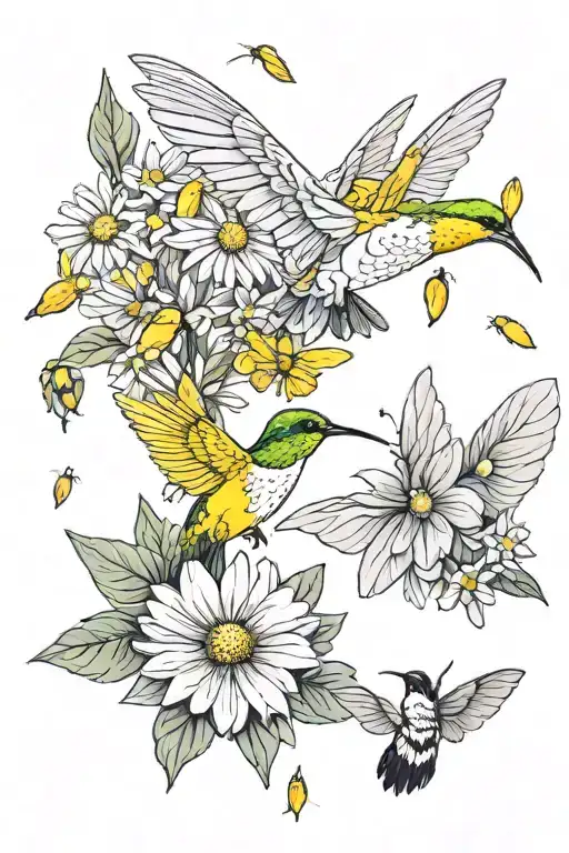 White Daisy Yellow Butterfly Hummingbirds Flying