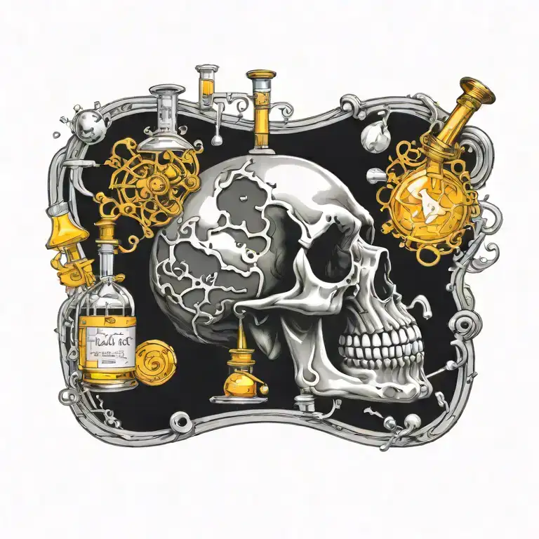 A Skull Design Incorporating Elements Of Chemistry Equipment And Symbols