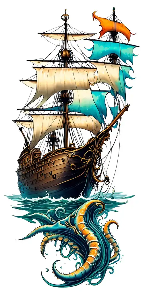 Deep Sea Creatures Under Water Pirate Ship