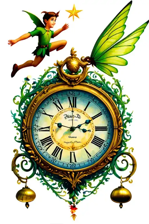 Peter Pan's Clock With Peter Pan Which Flies The Bell Fairy At The Top And The Second Star Above