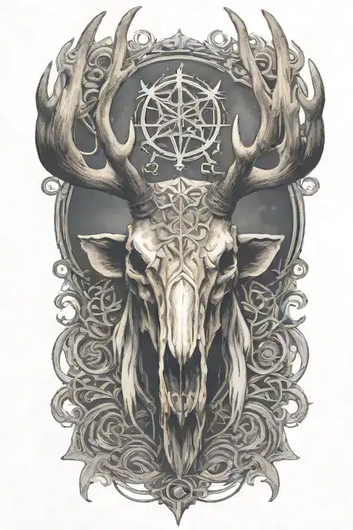Evil Moose Skull Mysterious And Dark With Fog And Pentagrams
