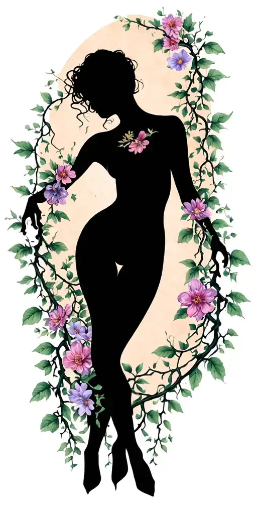 Sensual Woman Full Body Silhouette Intertwined With Vines And Flowers Loosely Wrapped Around Her