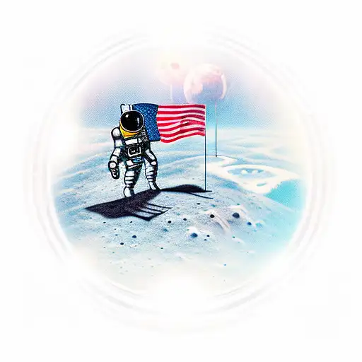 Astronaut Standing On Moon Holding Flag Stabbed On Moon Surface