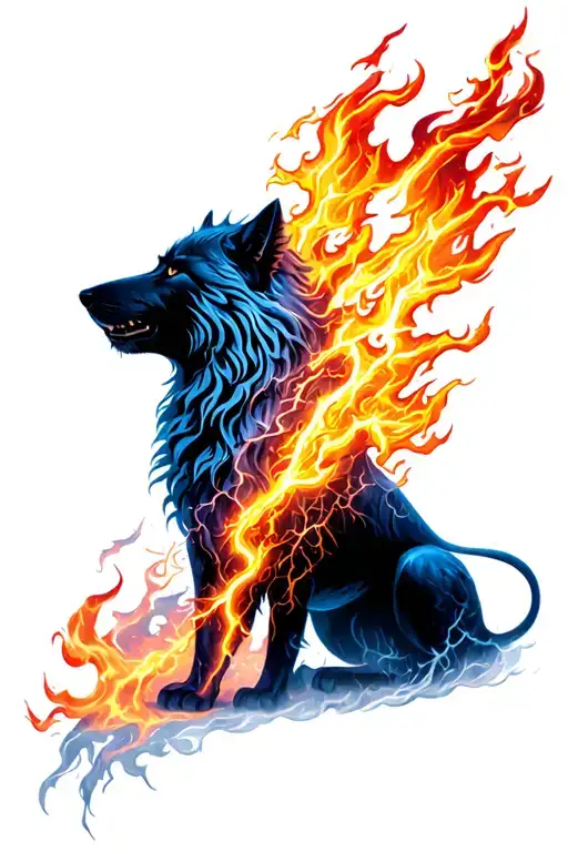 Lightning Wolf And Fire Lion Half On Back Piece