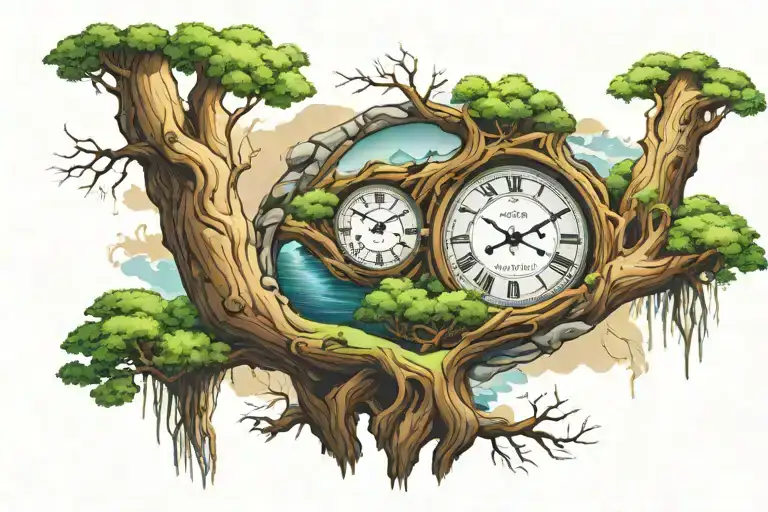 Tree Trunks With River And A Big Clock Face