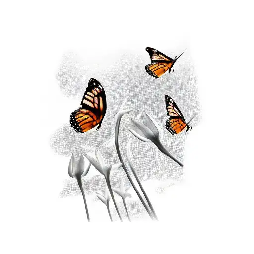 Four Butterflys With Lillys In The Background