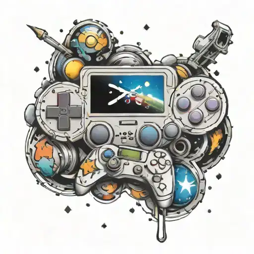 A Video Game-themed Tattoo Featuring Iconic Playstation Symbols And Space Painting Elements