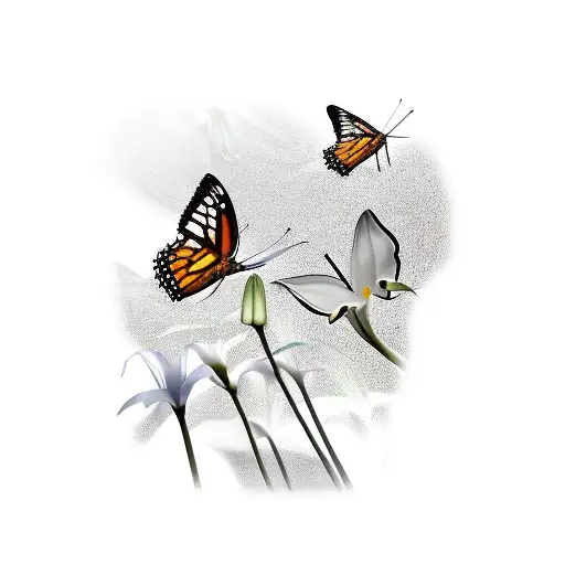 Four Butterflys With Lillys In The Background