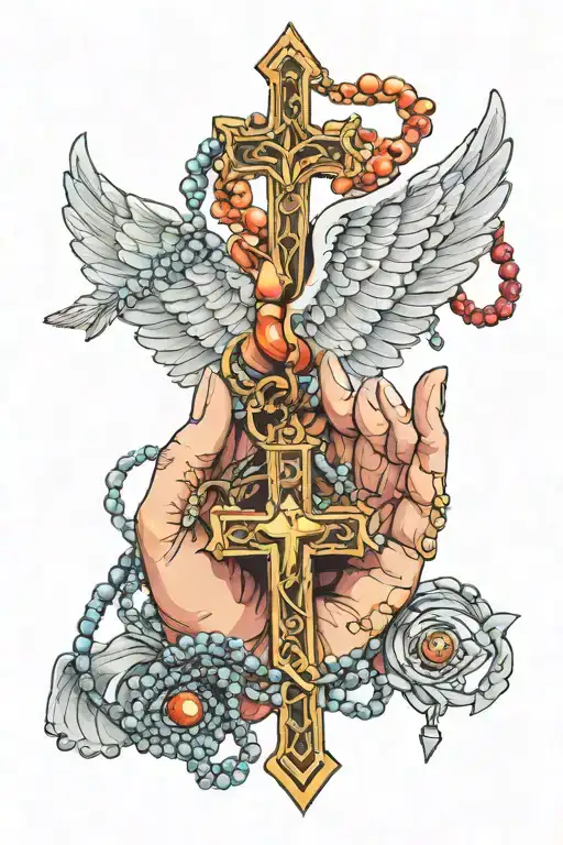 Half Devil Wing Half Angel Wing Hands Holding A Beaded Necklace With A Cross
