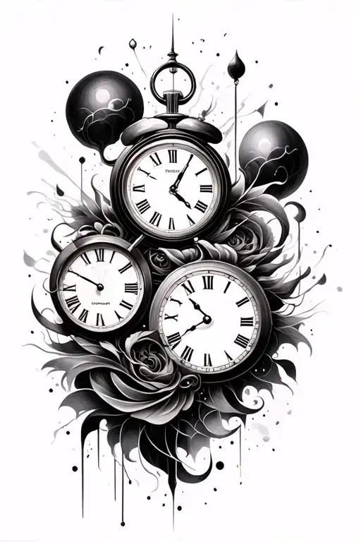 Black And Grey Surrealism-style Arm Tattoo Featuring Clocks And Abstract Lines