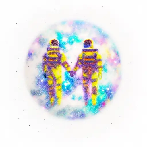 Astronauts Holding Hands With Galaxy Background