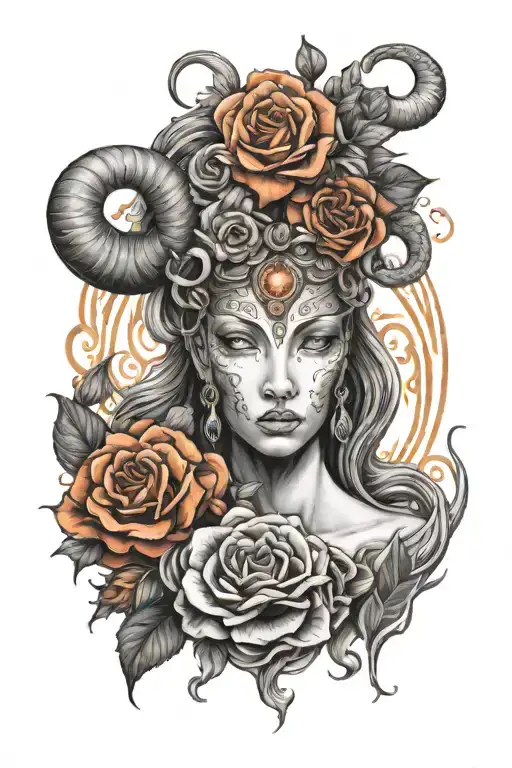 Goddess Aries Surrounded By Fire And Roses Intertwined
