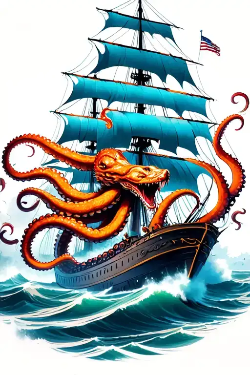 Neon Colored Kraken Attacking A Ship