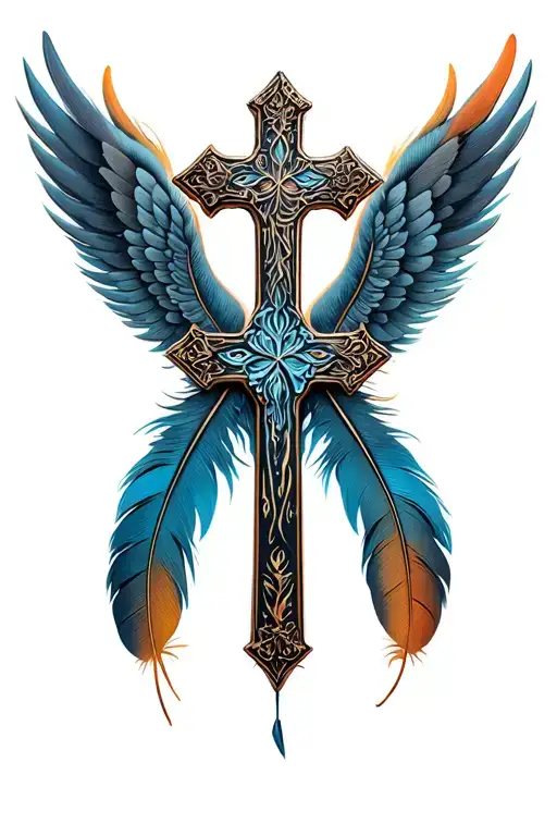 Cross And Feather Wings Flying