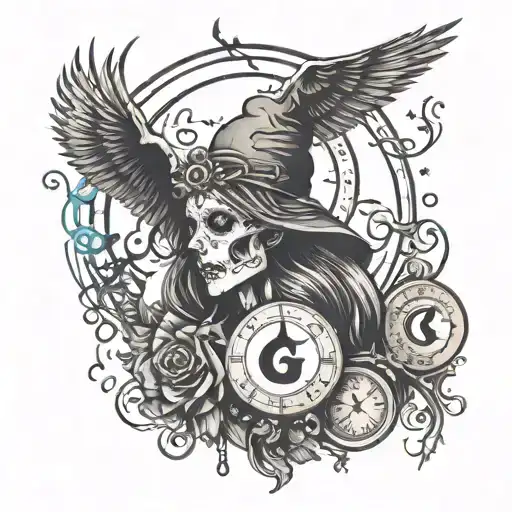 A Tattoo Design Combining Witchcraft Symbols And Elements With A Classical Music Theme