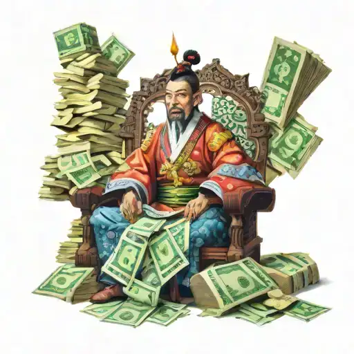 Samurai Emperor Of A Dynasty Surrounded By Stacks Of Money Instead Of Traditional Treasures