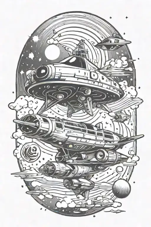 A Traditional Style Spaceship Flying Through A Galaxy Filled With Music Notes