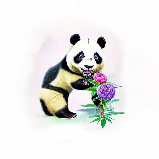 Panda With Peonies And Bambus