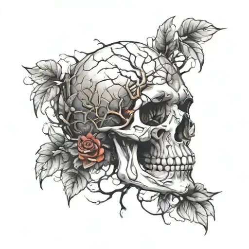 Skull Face Tattoo Design Featuring Elements Like Trees