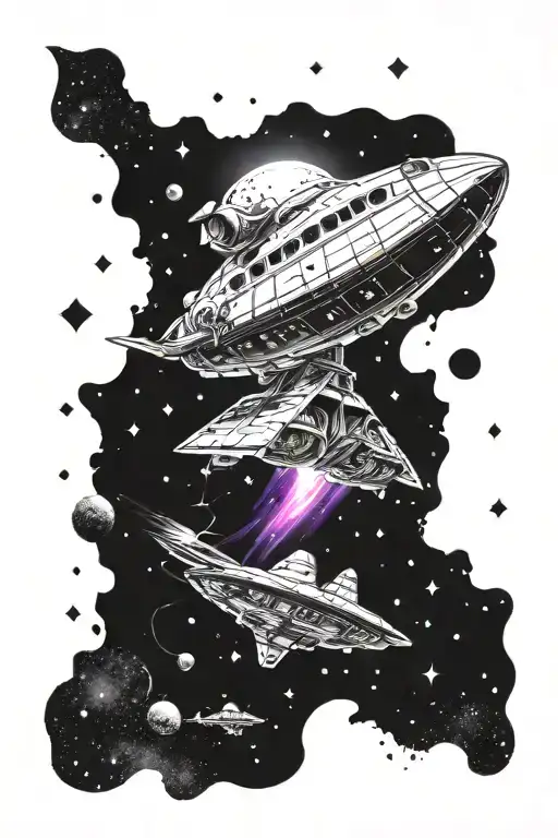 A Traditional Style Spaceship Flying Through A Galaxy Filled With Music Notes
