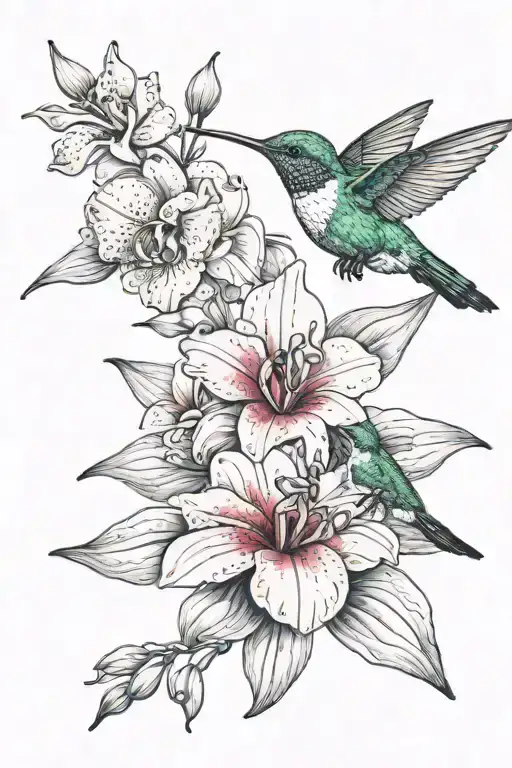 Hummingbird With Orchids Blooming