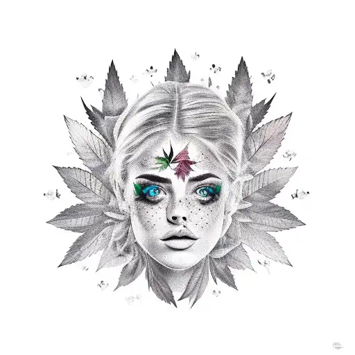 A Beautiful Girl's Face With A Weed Leaf On Her Forehead