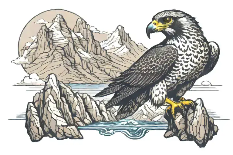 Mountains With Falcon Perched On Rocks