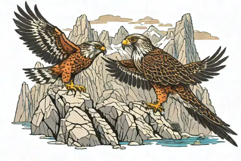 Mountains With One Periguine Falcon Perched On Rocks Surrounded