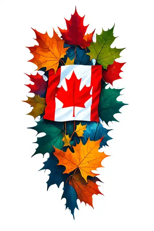 Canadian Flag Surrounded By Autumn Leaves Sunset