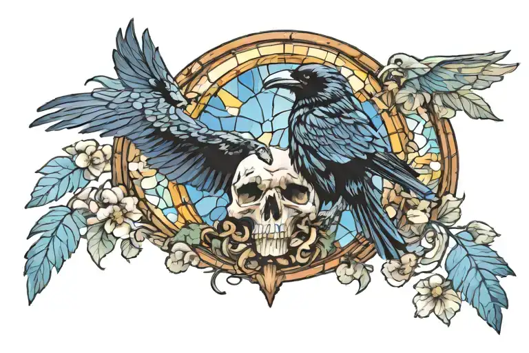Raven Flying Holding A Skull Surrounded By Mushrooms With A Tall Stained Glass Window Background