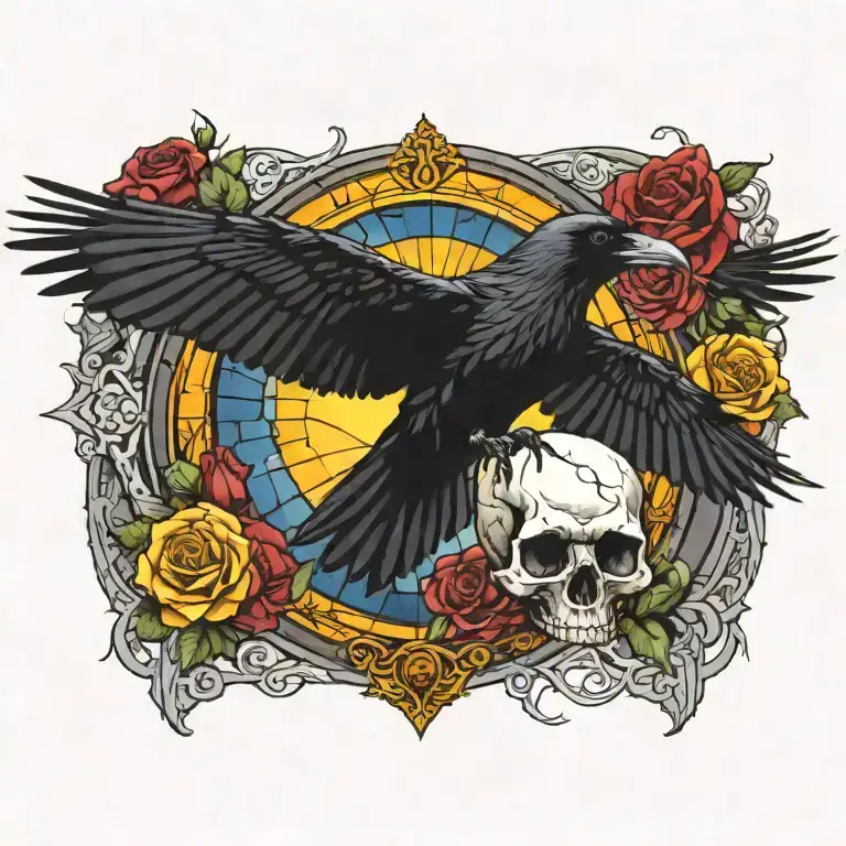 Raven Flying Over Skull And Roses With Stained Glass Background Black With Bright Sun In Center