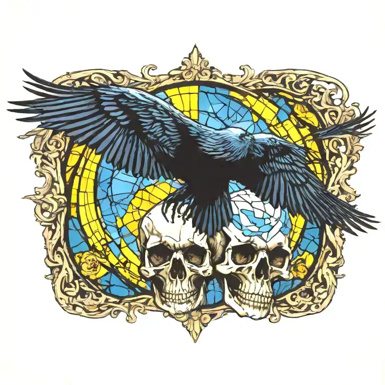 Raven Flying Over Skull With Stained Glass Background Yellow And Blue
