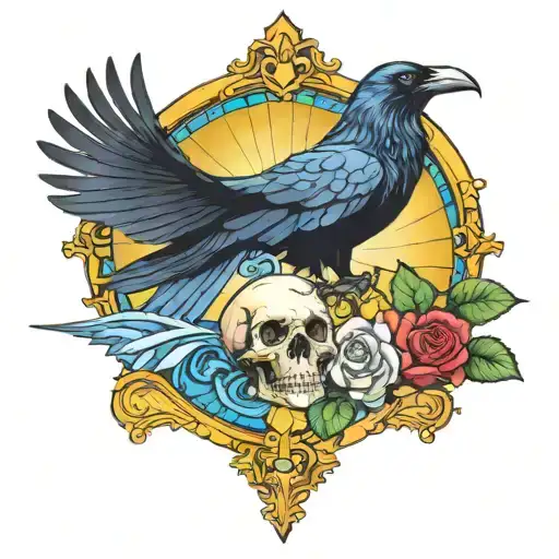 Raven Flying With A Skull With Mushrooms And Roses Bottom Border With Blue Stained Glass Background