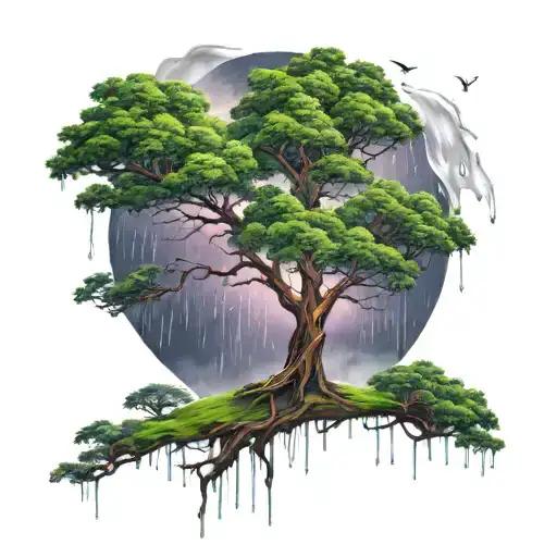Tree And Rain Falling