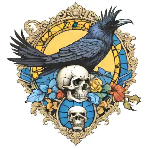 Raven Flying With A Skull With Amanitas As Border With Blue Stained Glass Background
