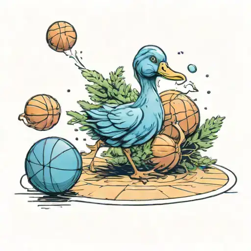A Blue Duck Dribbling A Basketball On A Court Made Of Christmas Tree Cakes