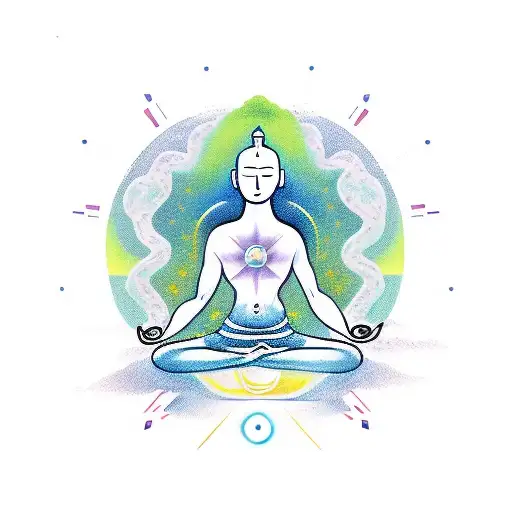 A Minimalist Tattoo Of A Serene Meditating Figure Surrounded By Nature And Chakra Symbols