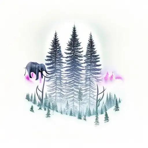 Elephant Walking With The Northern Lights In The Sky And Pine Trees In The Background
