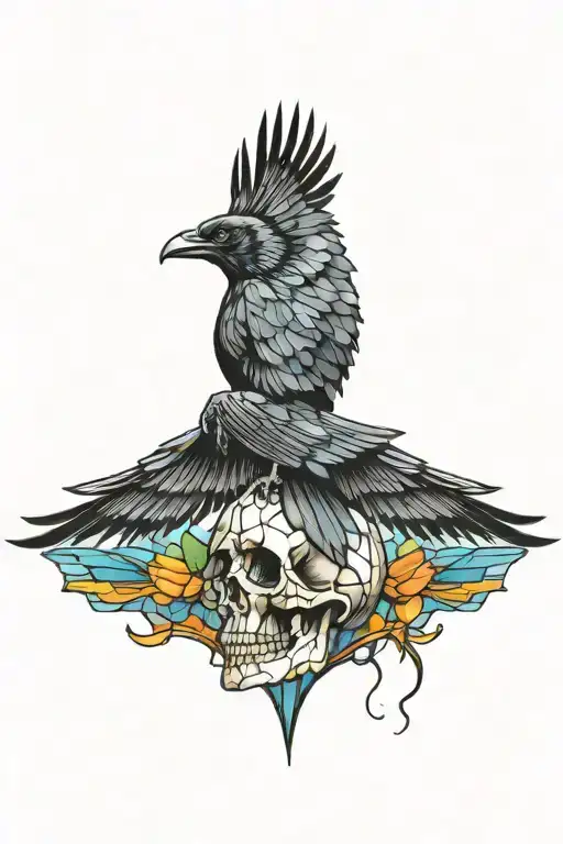 Raven Flying Over Skull With Stained Glass Background Black