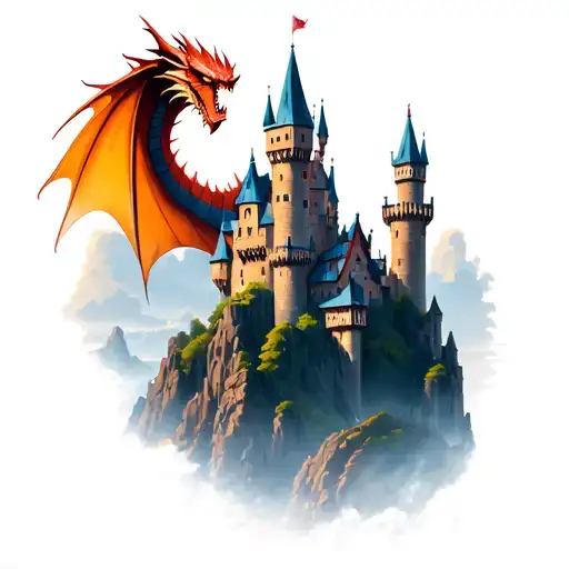 Castles Scene With A Dragon At The Highest Point Of The Castle