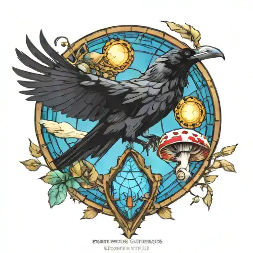 Raven Flying With A Skull And Amanita Mushrooms With Blue Stained Glass Window Background