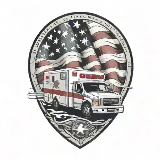 A Black-grey Tattoo Of An Ambulance With The American Flag Waving In The Background