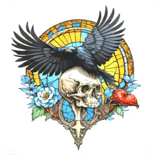Raven Flying With A Skull And Amanita Mushrooms With Blue Stained Glass Window Background