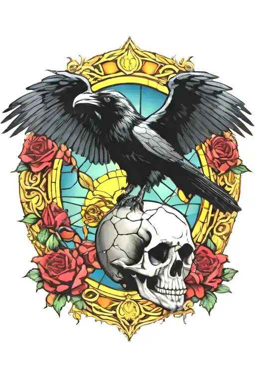 Raven Flying Over Skull And Roses With Stained Glass Background Black With Bright Sun In Center
