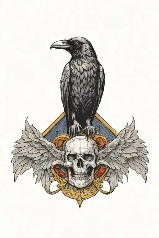 Raven On Skull With Wings Out In Front Of A Large Stained Glass Window Background