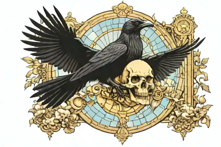 Raven Flying Holding A Skull Surrounded By Mushrooms With A Tall Stained Glass Window Background