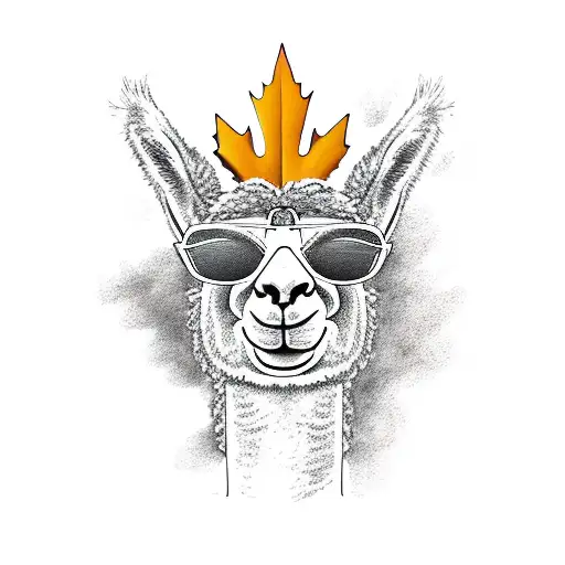 Neck And Face Of A Llama With Sunglasses That Have A Canadian Maple Leaf In The Sunglasses' Reflex