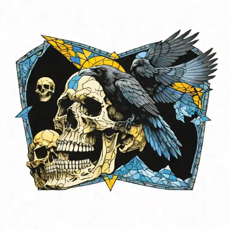 Raven Flying Over Skull With Stained Glass Background Yellow And Blue